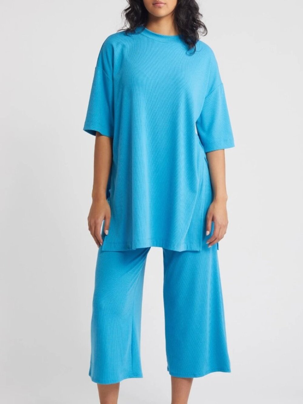 Dressed In LALA Ribbed Oversized Tunic Shirt Top Sz M Blue Side Slits Streetwear